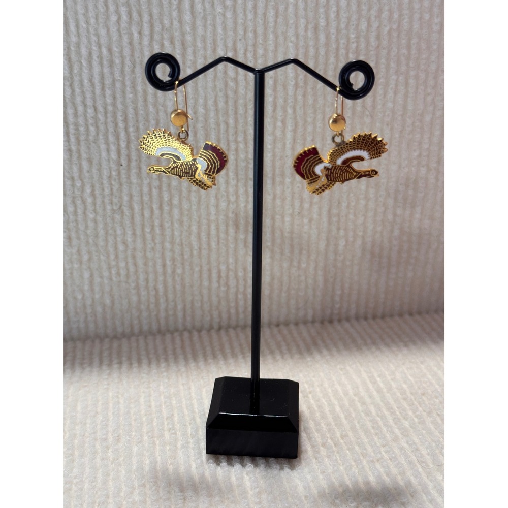 Vintage Cloisonne Enamel Turkey Earrings Gold Tone Thanksgiving Bird Dangles